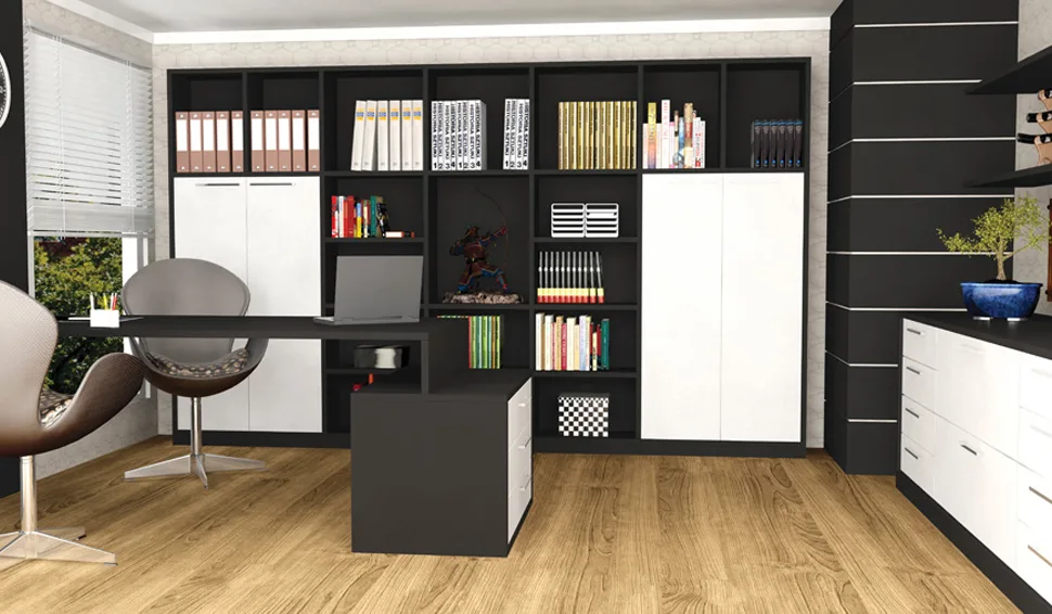 Home office com estante e painel