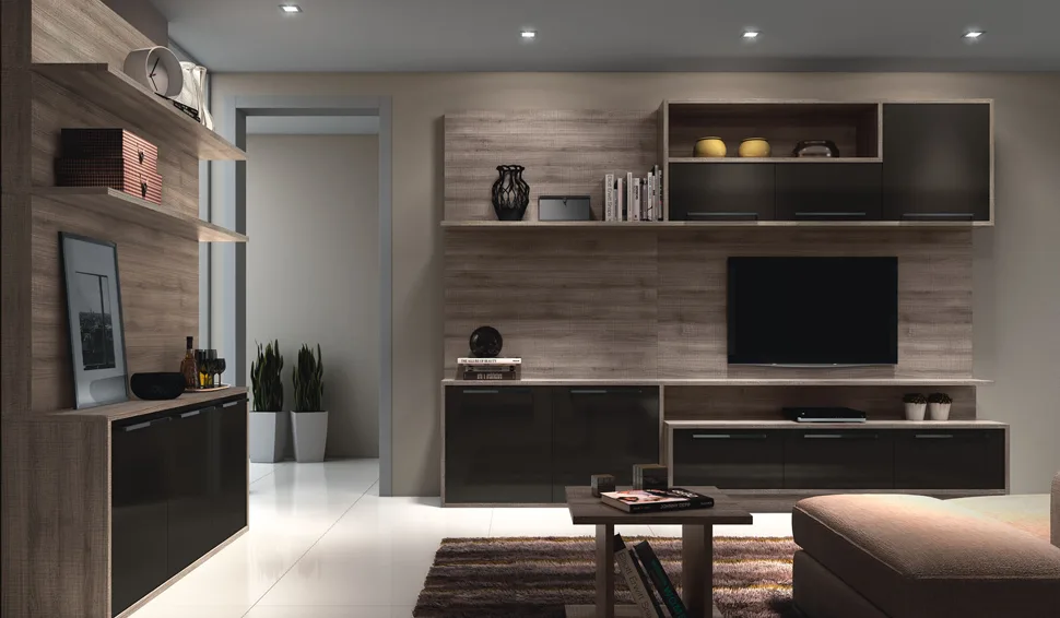 Painel de TV com ripados em madeira