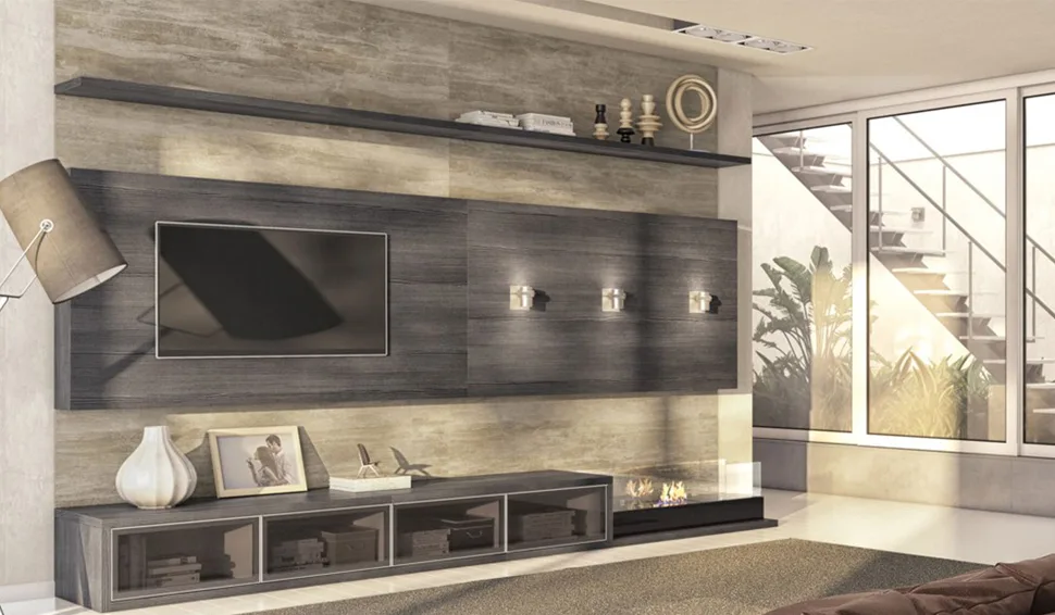 Sala com painel de TV ripado